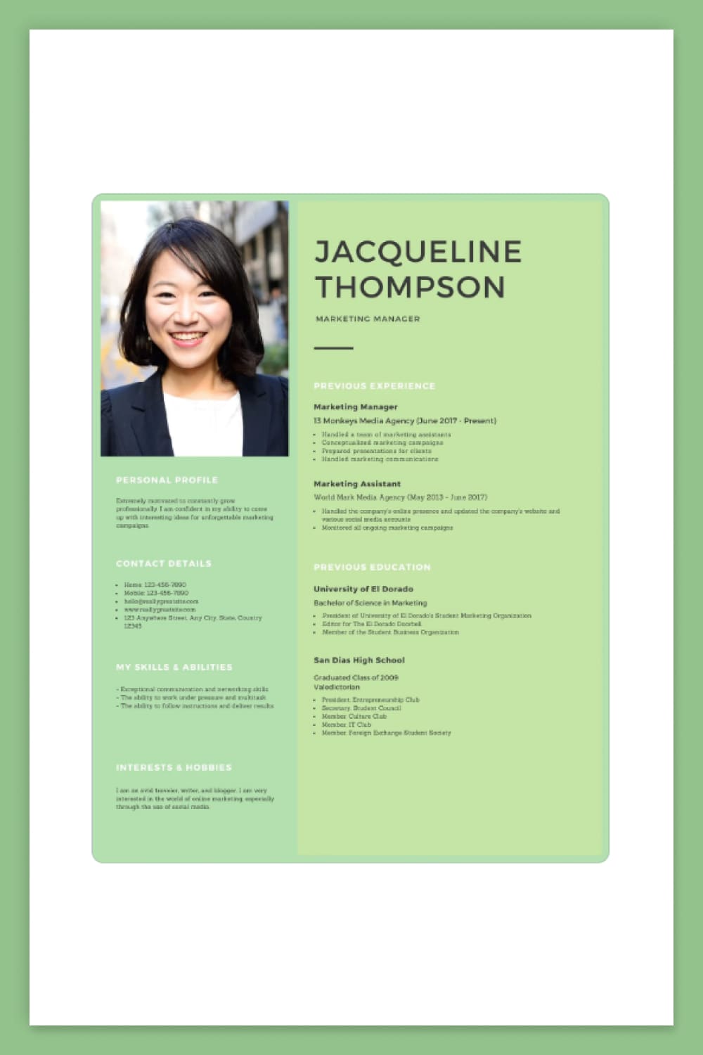 Two-column resume with a green background and a large photo of the applicant.