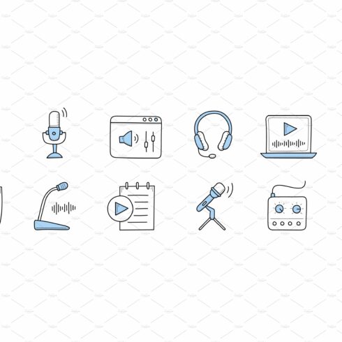 Podcast doodle icons with microphone cover image.