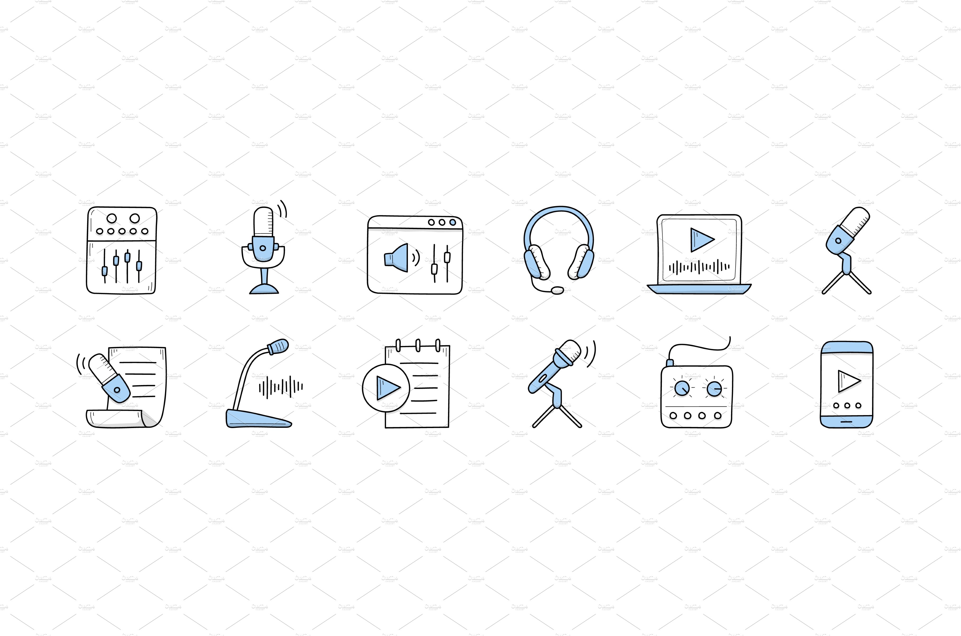 Podcast doodle icons with microphone cover image.