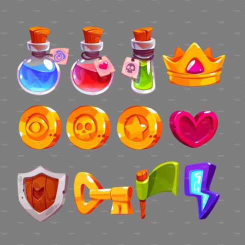 Game icons with potions, gold crown cover image.