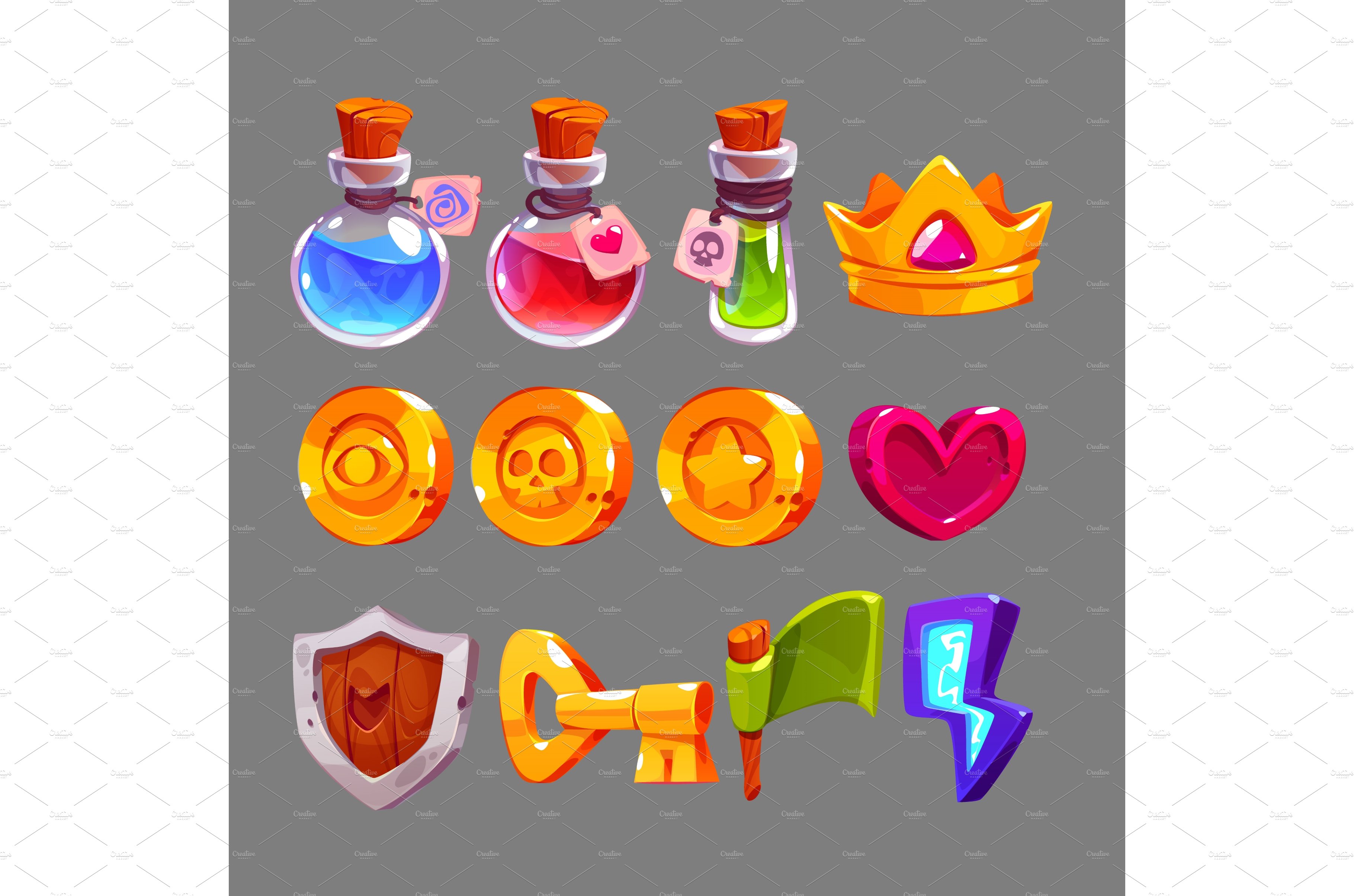 Game icons with potions, gold crown cover image.