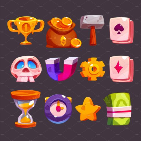 Cartoon game icons, casino or rpg cover image.