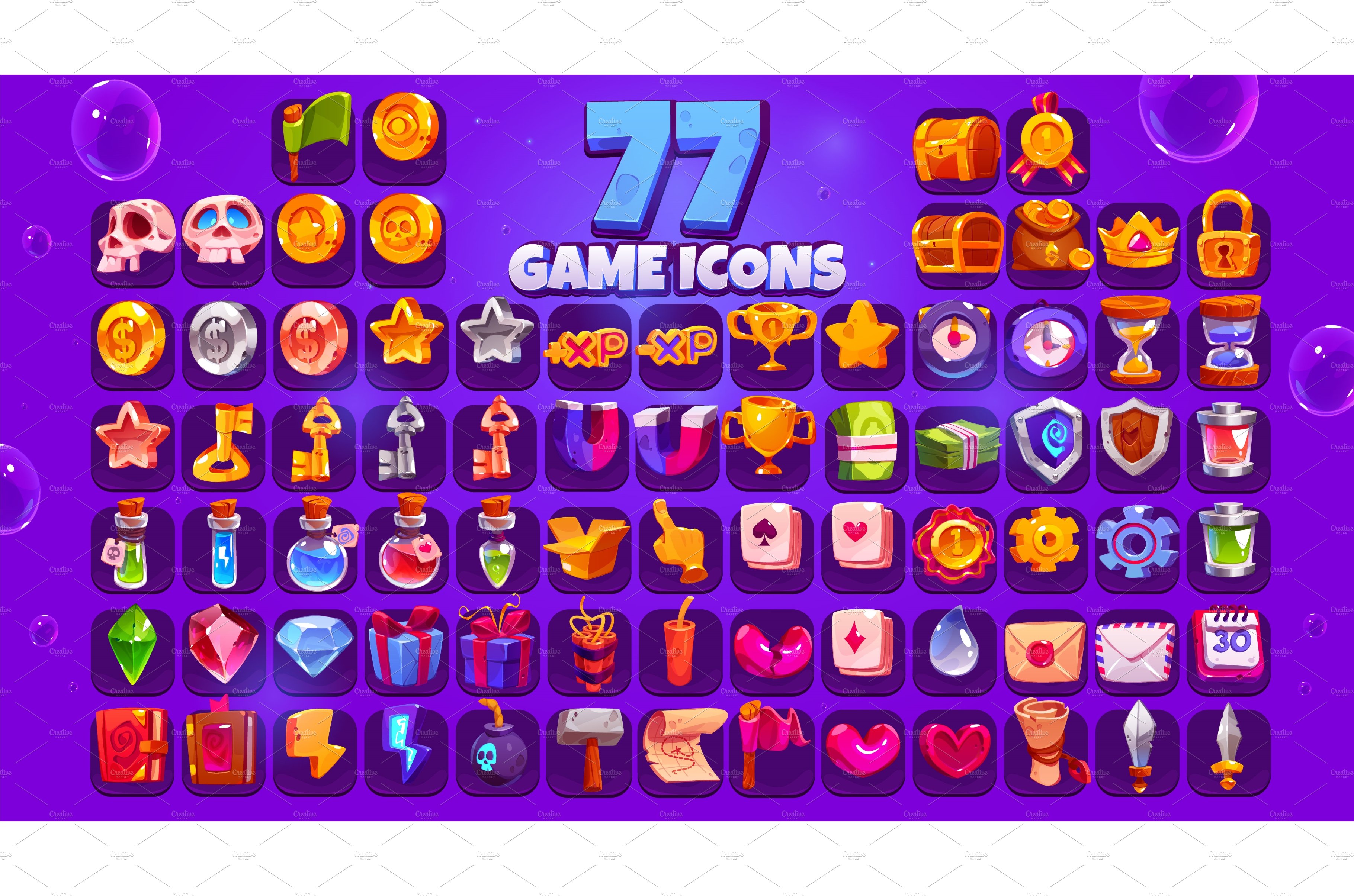 Game icons big set, cartoon skull cover image.