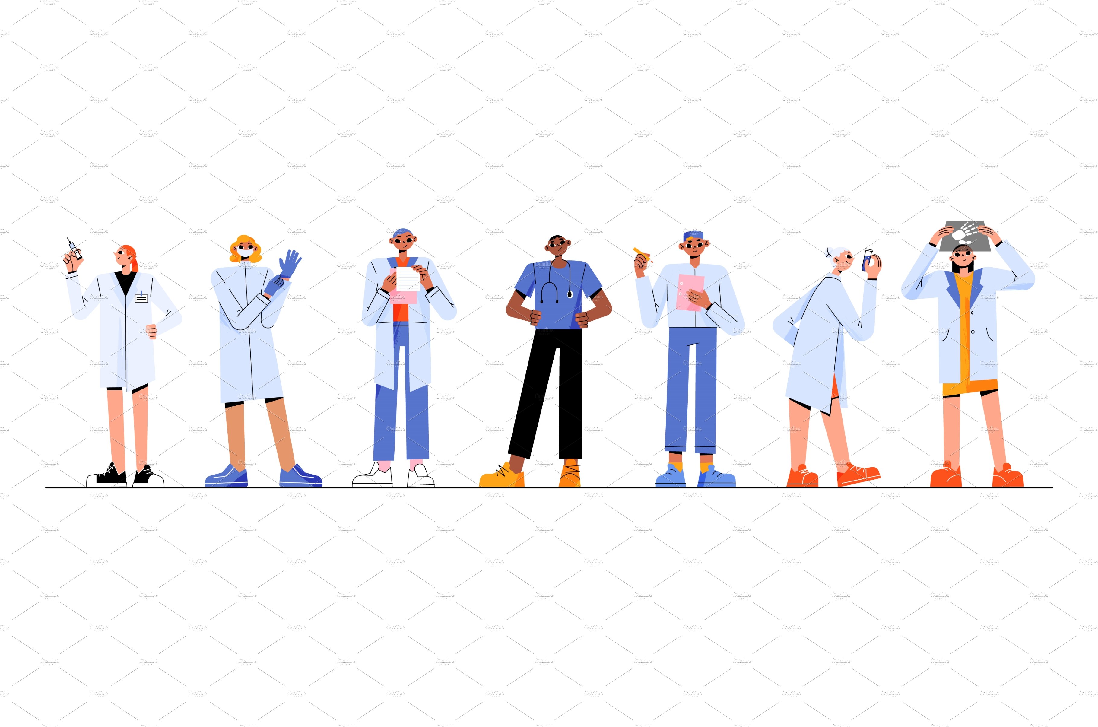 Doctors and nurses flat characters cover image.