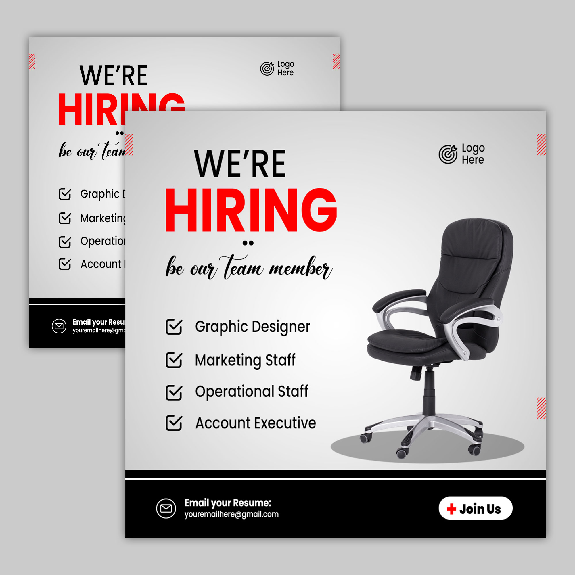 We are hiring poster job vacancy square banner or social media post template preview image.