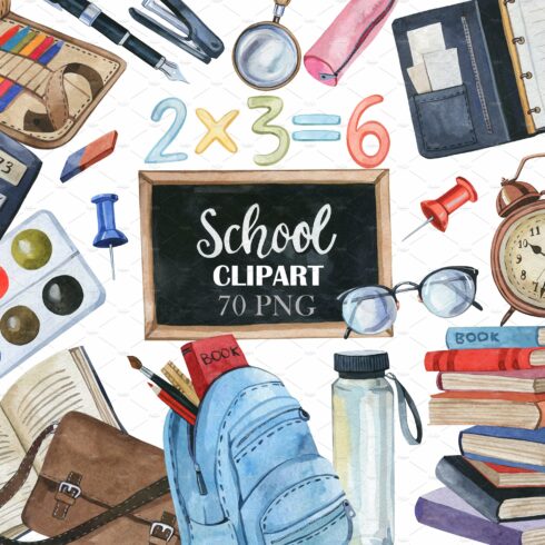 Watercolor School Clipart, PNG cover image.