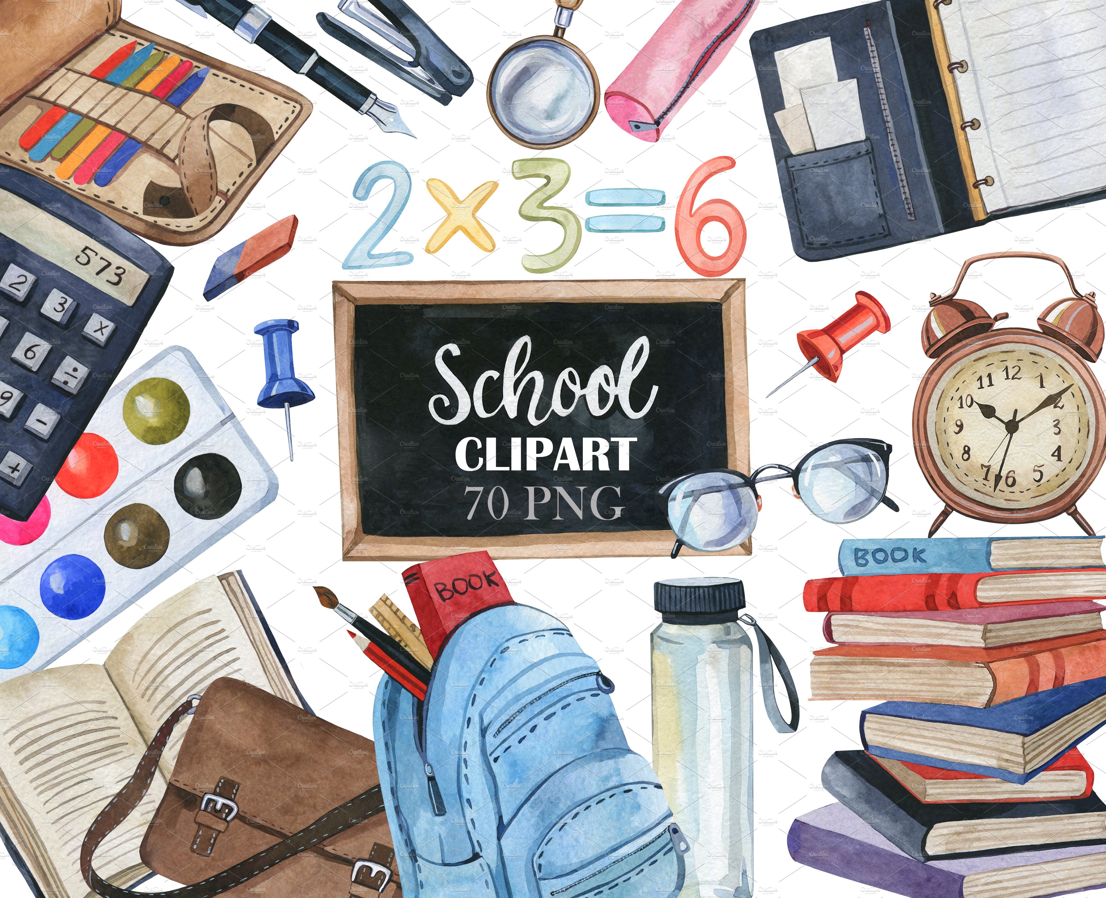 Watercolor School Clipart, PNG cover image.