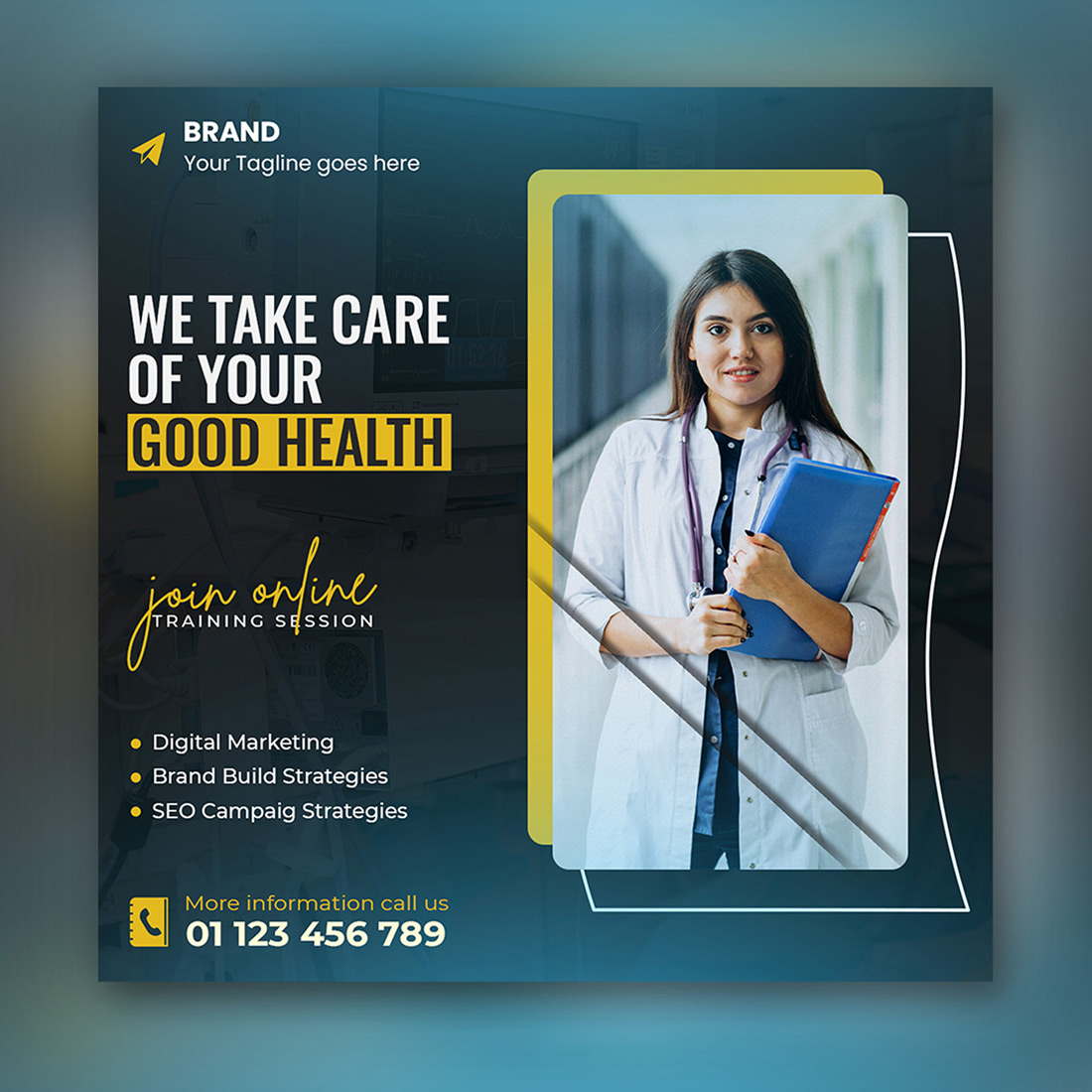 Medical flyer with a woman holding a clipboard.