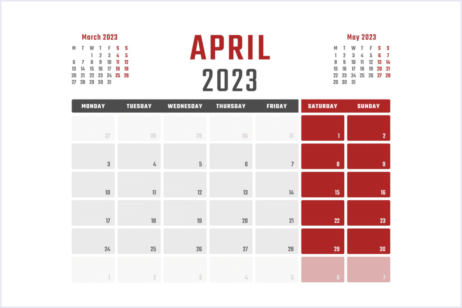 Calendar for April 2023 with gray and red dates.