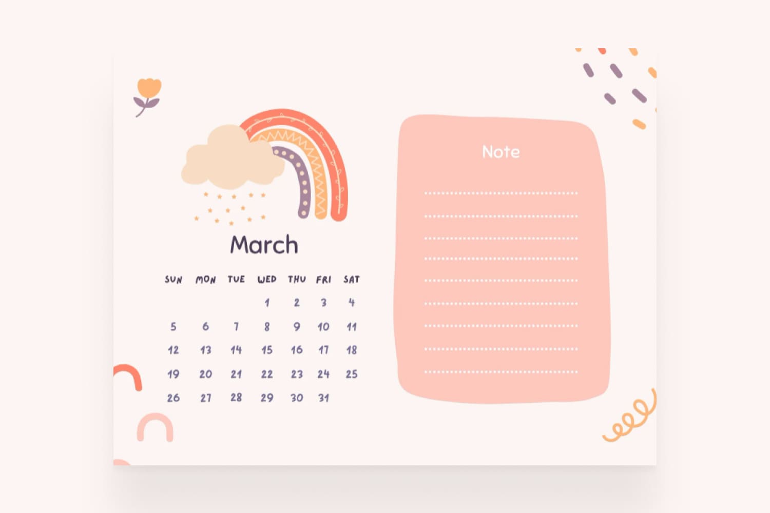 May calendar with orange-pink background and patterns of clouds, rainbow and flowers.