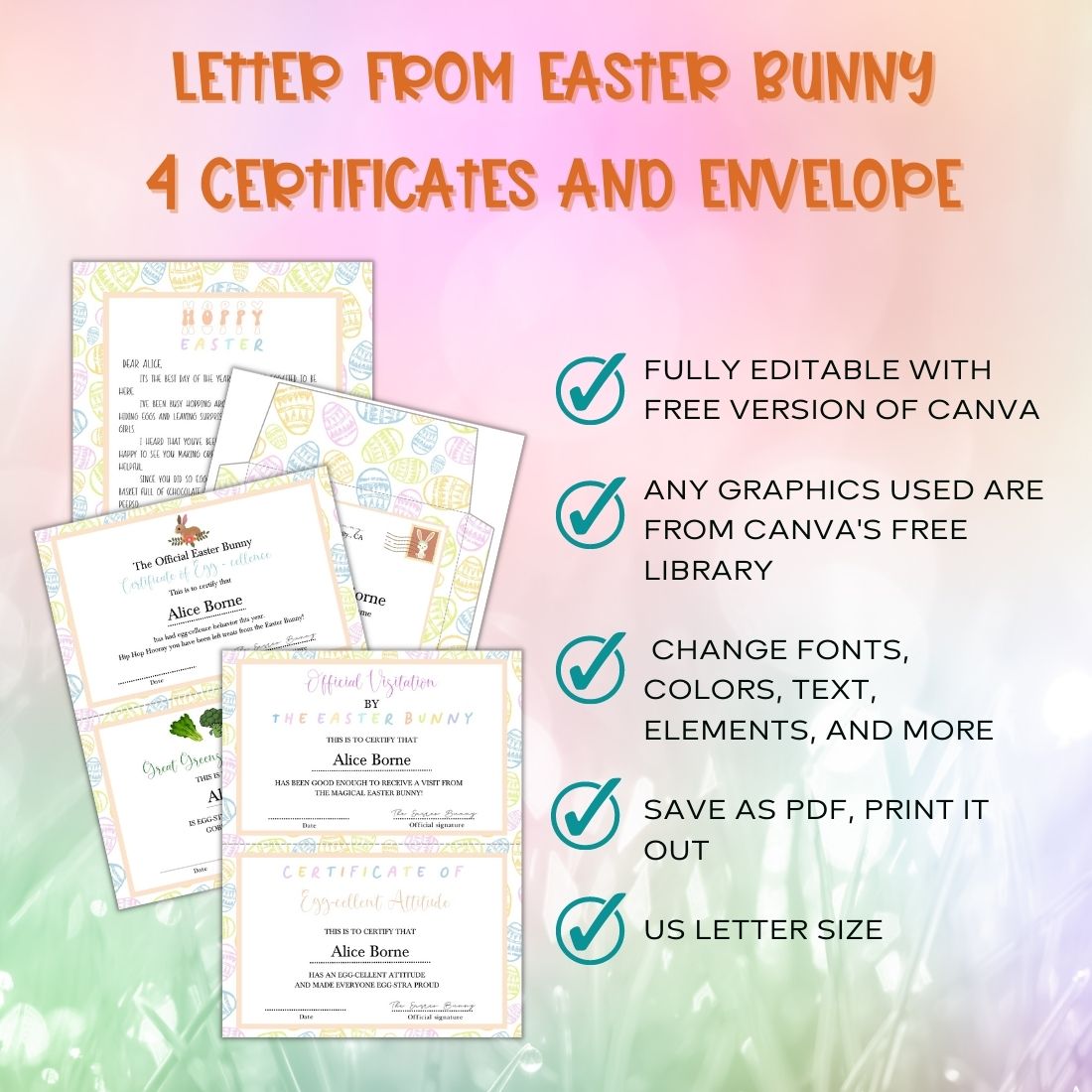 Set of four letter from easter bunny certificates and envelopes.