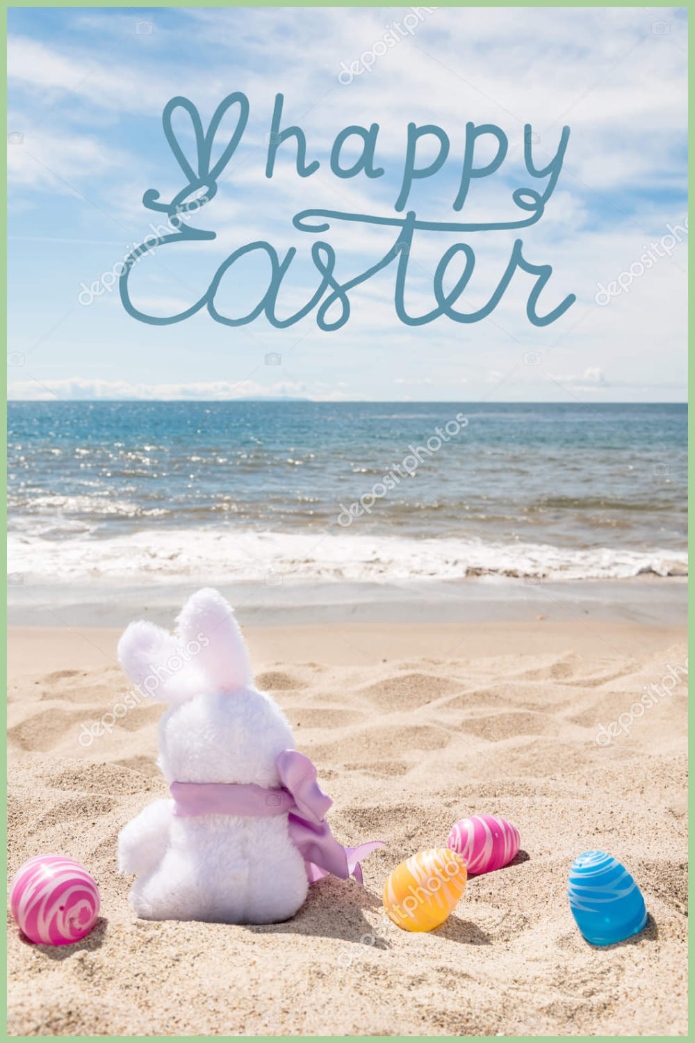 Easter bunny with color eggs on the ocean beach.
