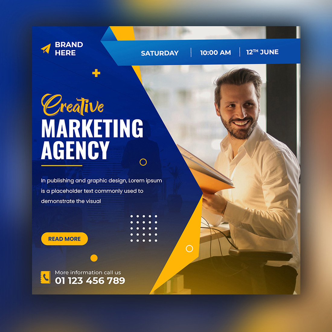 Blue and yellow flyer for a marketing agency.