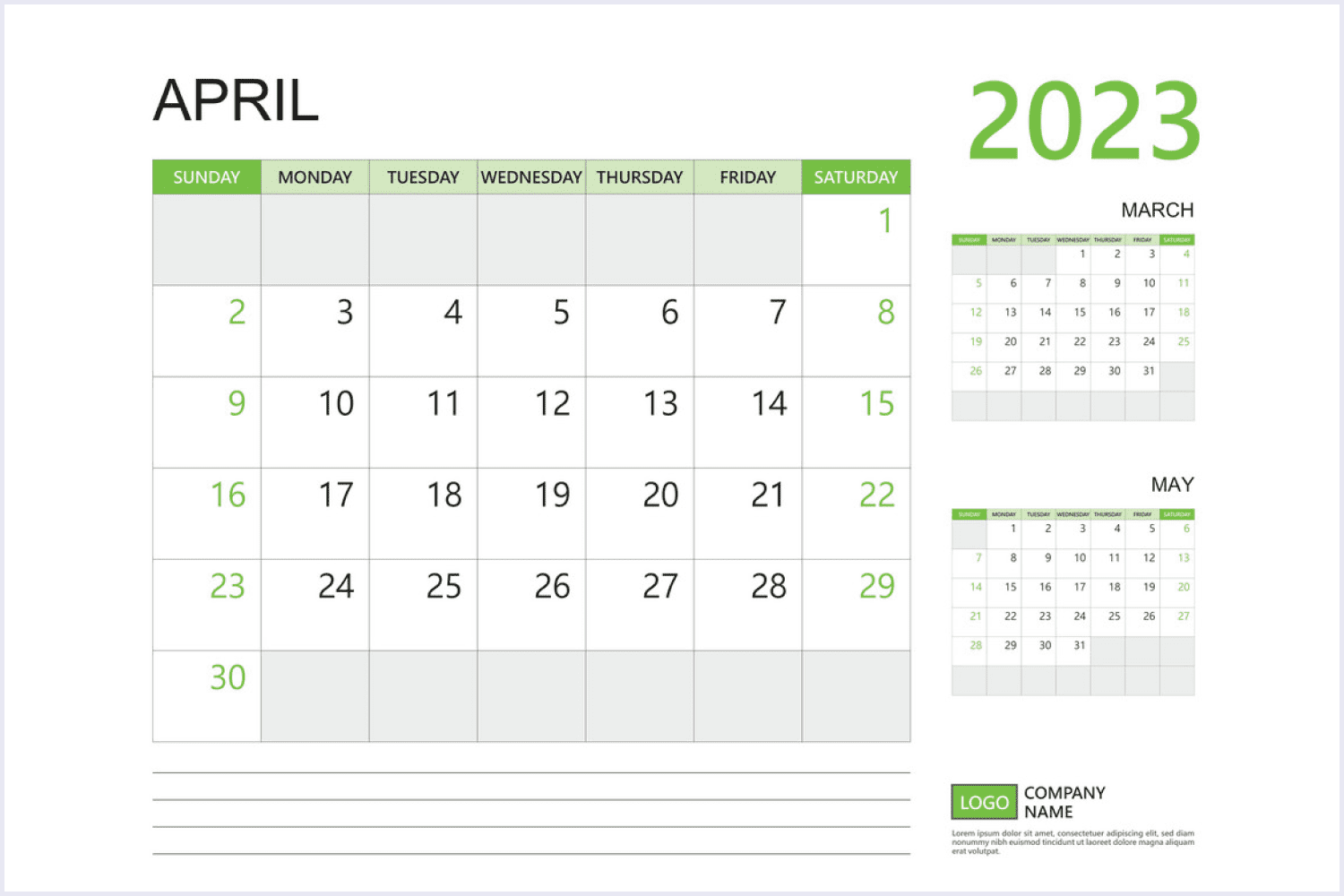 Calendar for April 2023 with a green-gray scheme and a place for notes.