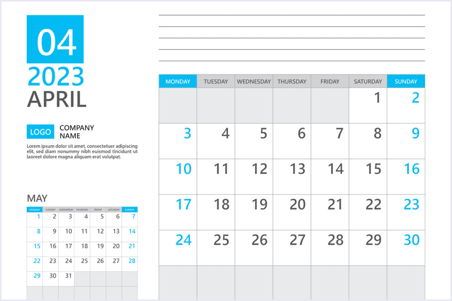 Calendar for April 2023 with a blue-gray scheme and a place for notes.