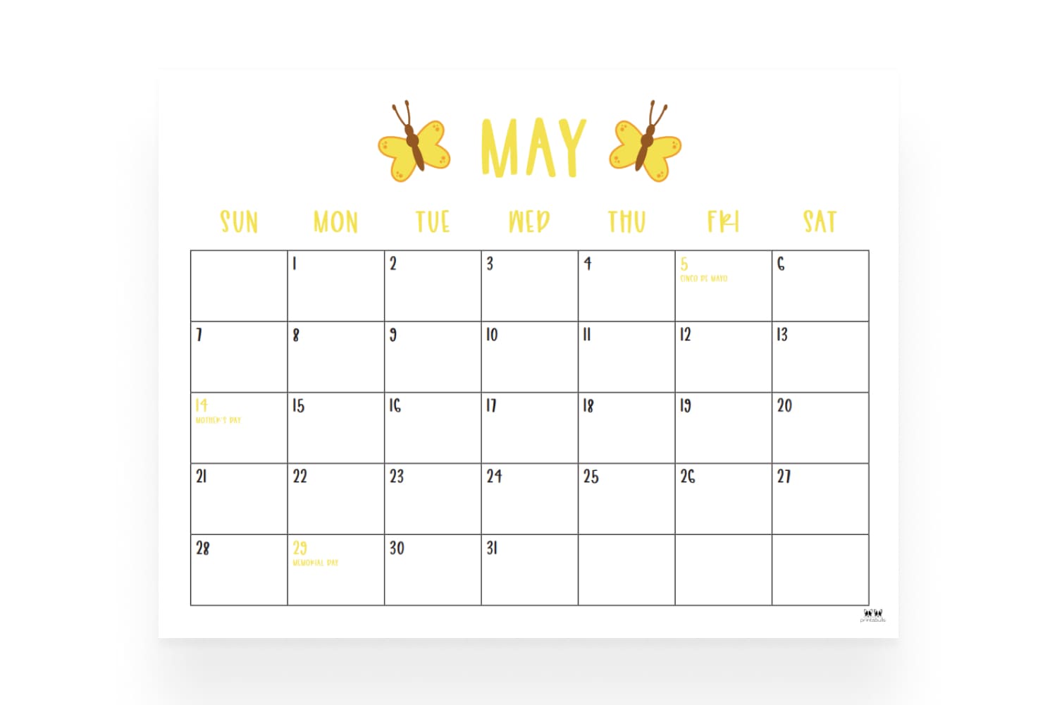 May calendar with a vibrant butterfly illustrations.