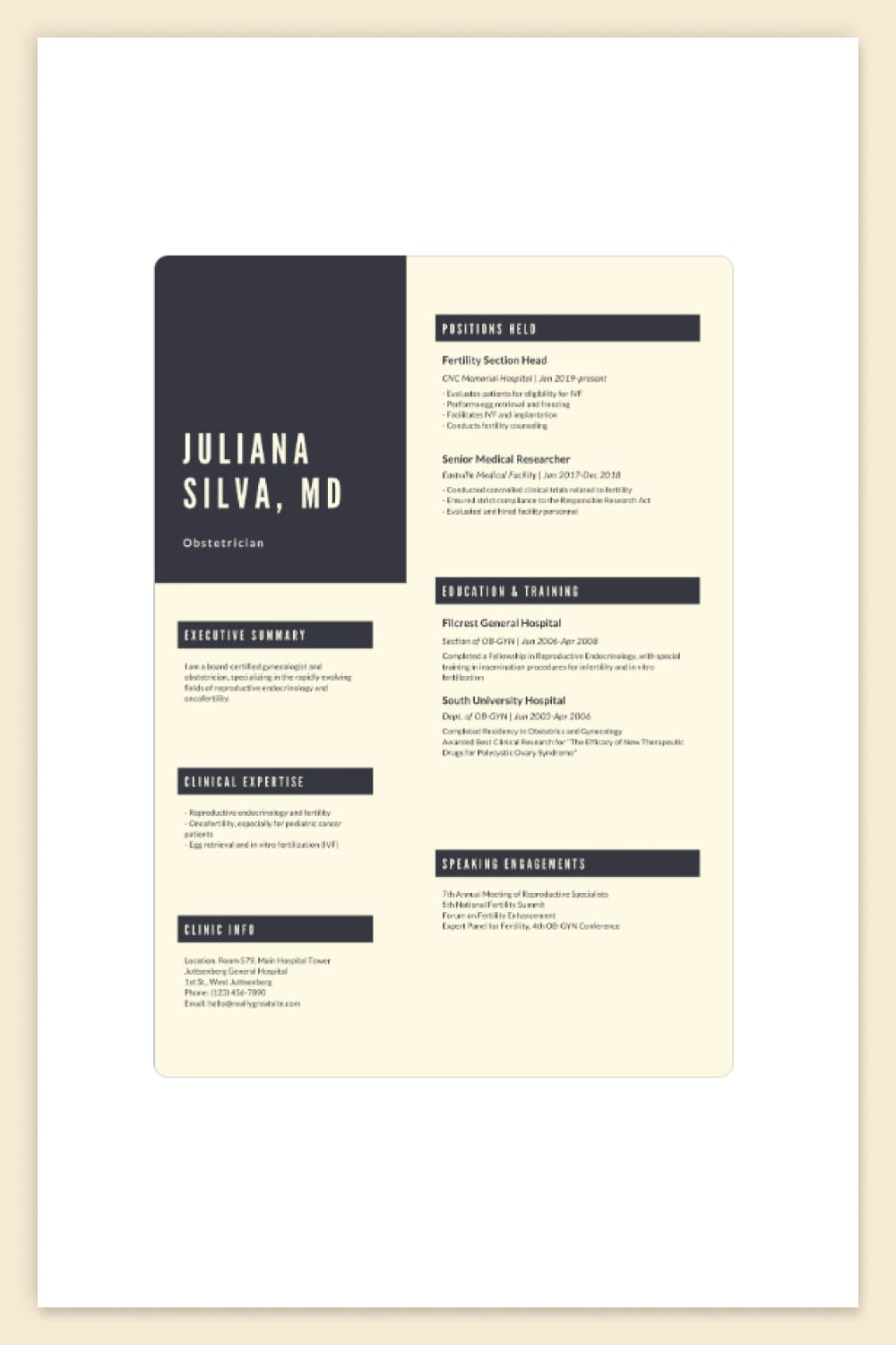Two-column resume with beige background and black stripes.