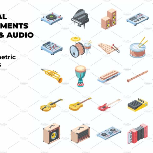 Music & Instruments isometric icons cover image.