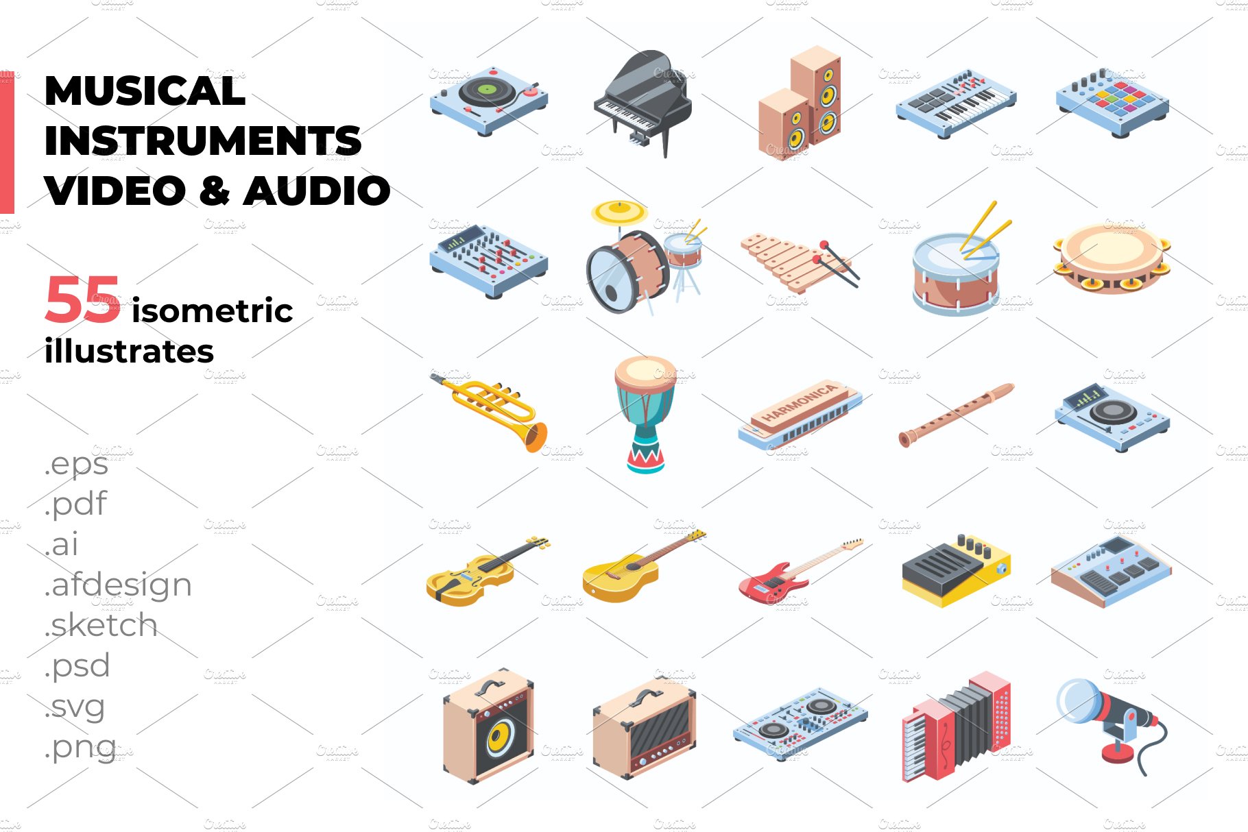 Music & Instruments isometric icons cover image.