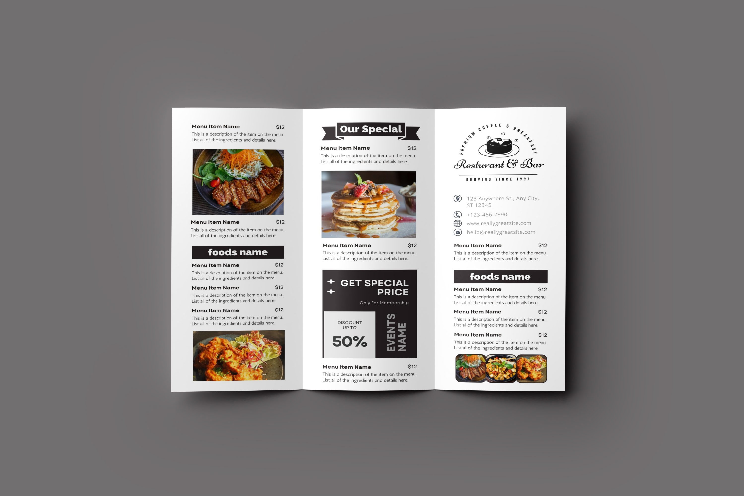 TriFold Food Menu Brochure Template preview image.