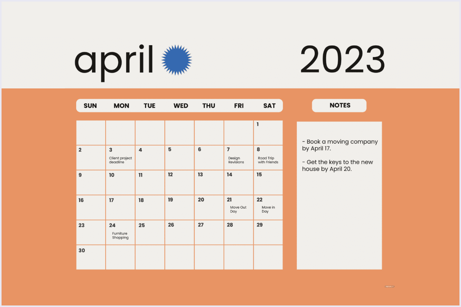 Calendar for April 2023 with an orange scheme and a place for notes.