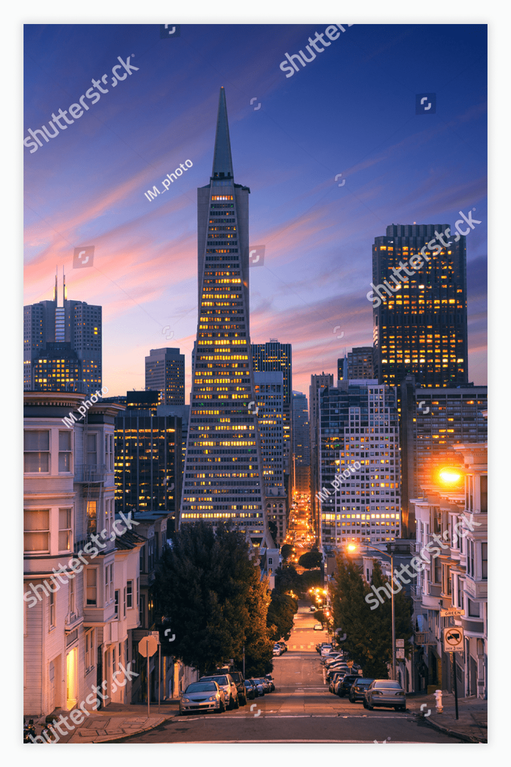 San Francisco downtown at sunrise - night. Famous typical buildings in front.