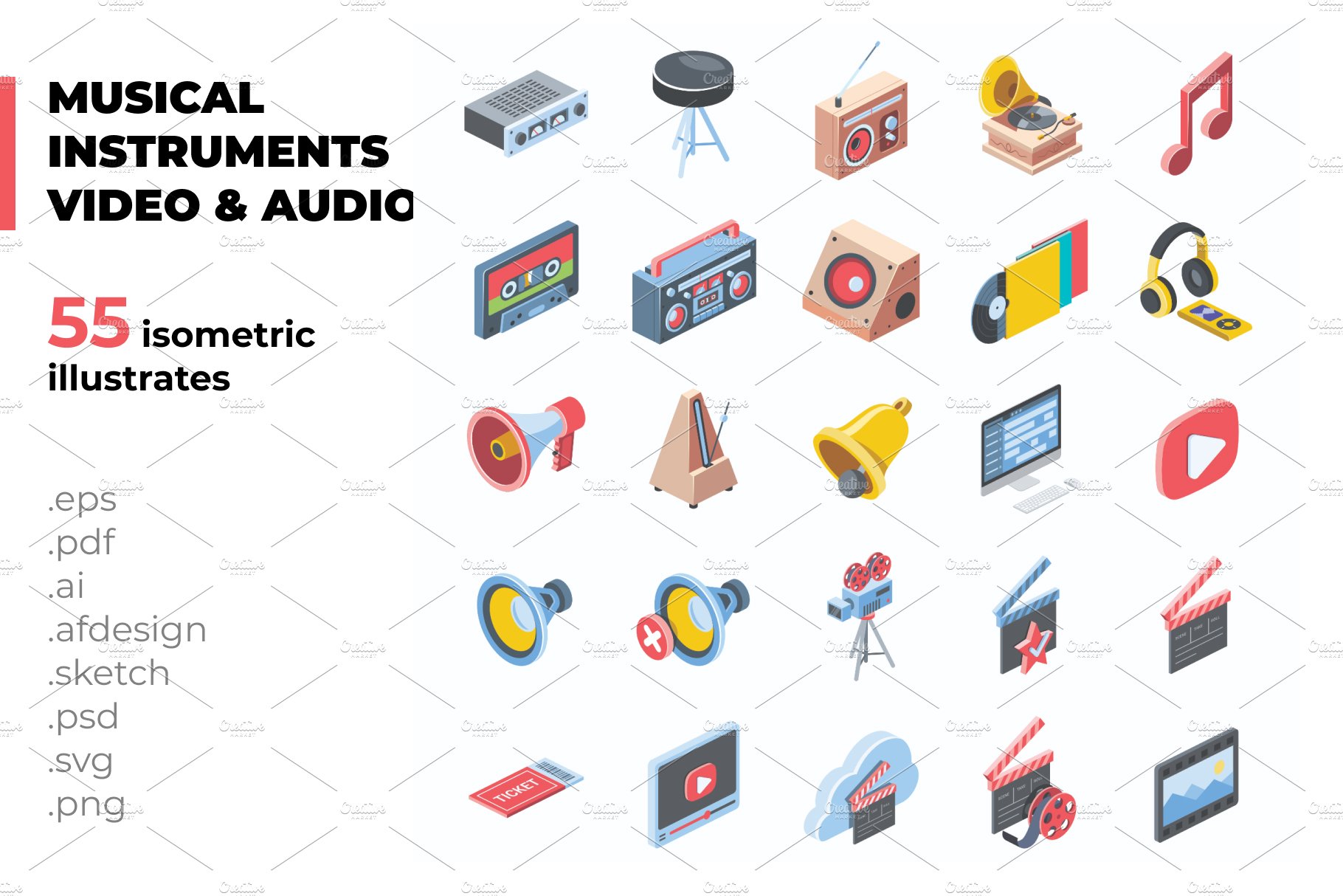 Music & Instruments isometric icons preview image.