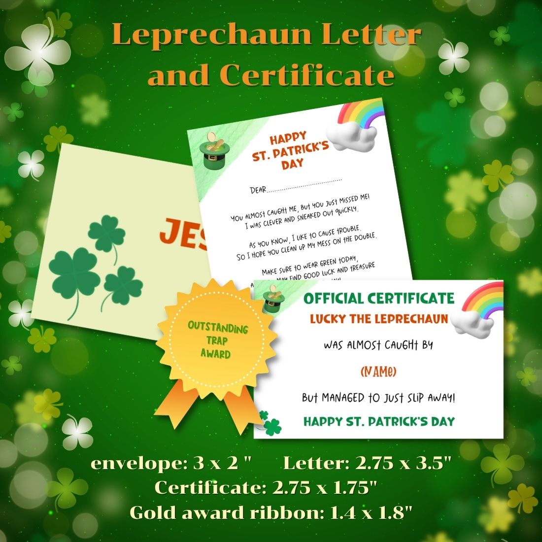 Customizable Leprechaun Letter, Trap Certificate, gold award preview image.