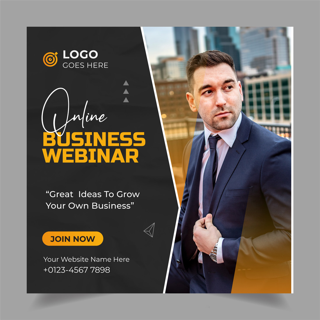 Man in a suit and tie standing in front of a business webinar.