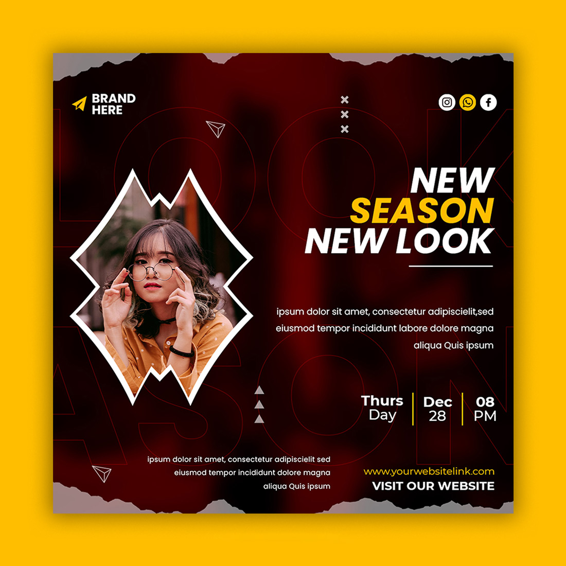 Flyer for a new season event with a photo of a woman talking on a.