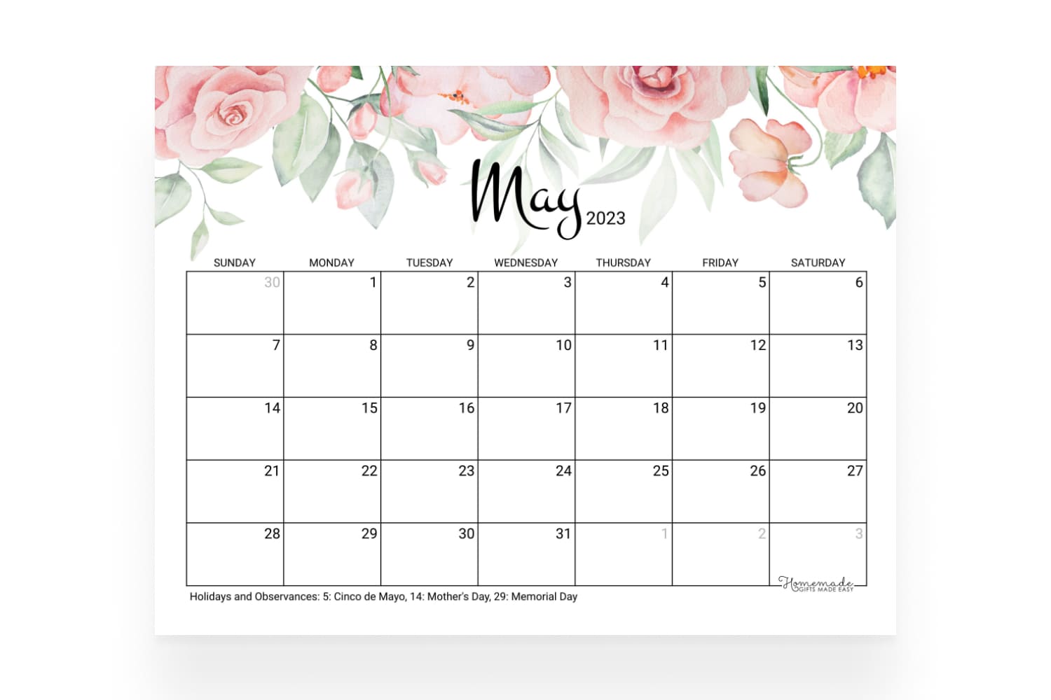 Calendar with a decorative illustrations of roses.