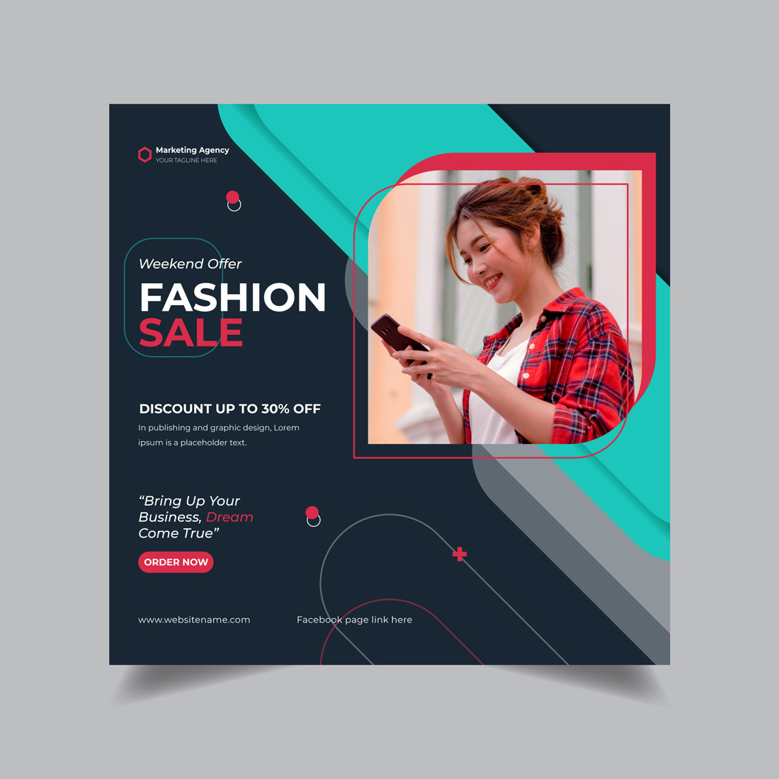 Flyer for a fashion sale with a woman holding a cell phone.