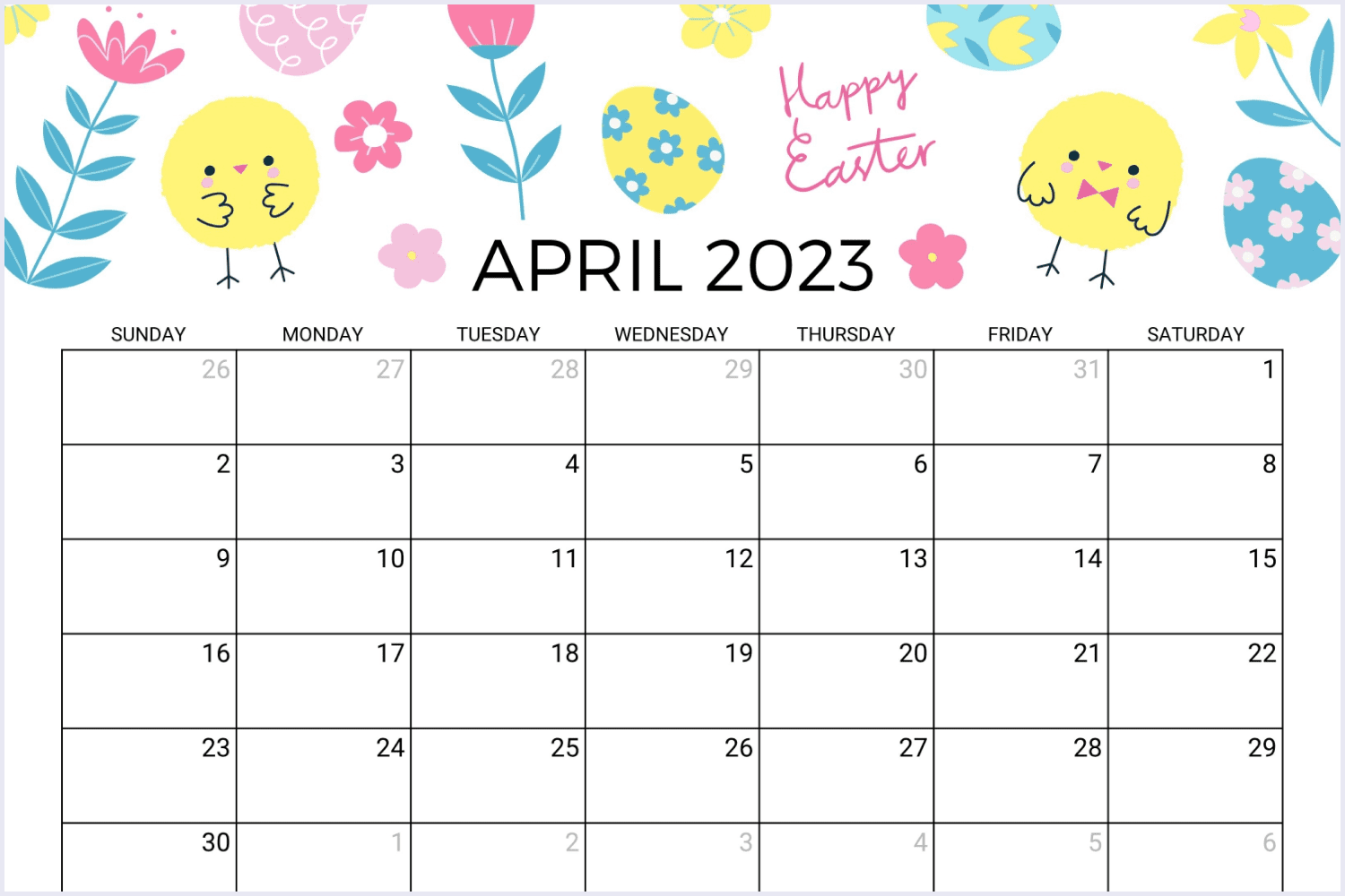 April calendar with delightful flowers, baby chicks, and Easter eggs.