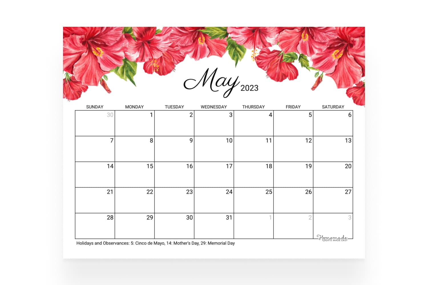 May calendar with bright color image of hibiscus.
