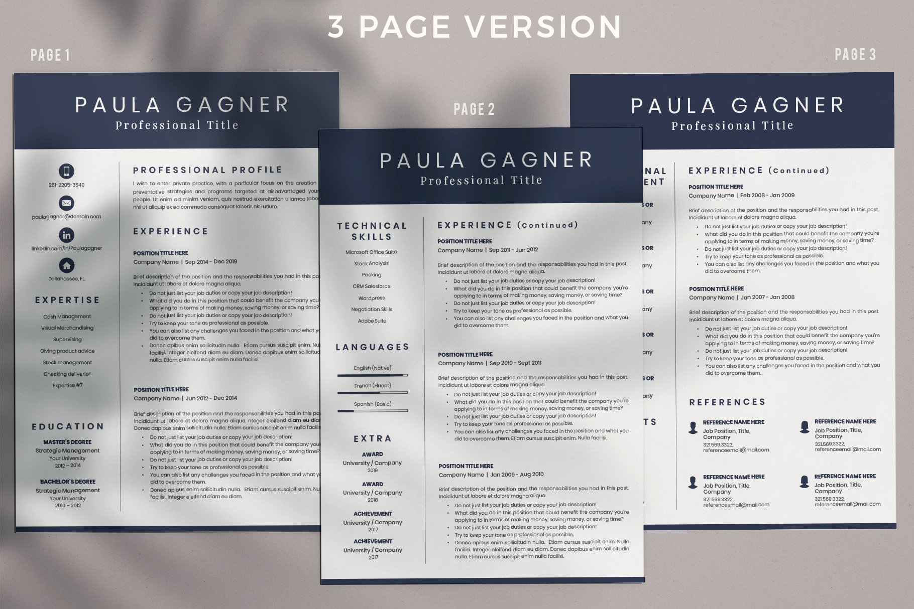 Three pages of a professional resume template.