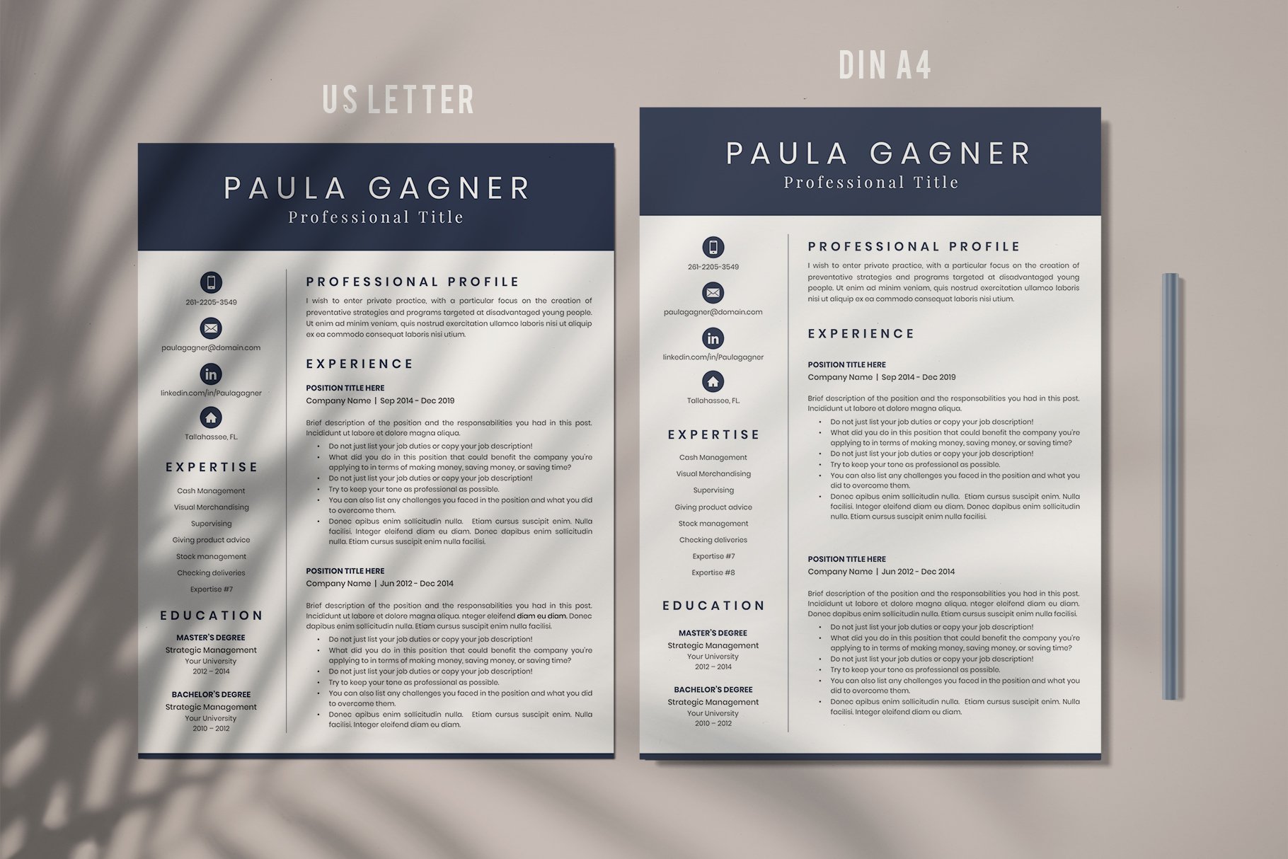 Two resume templates on a table with a shadow.