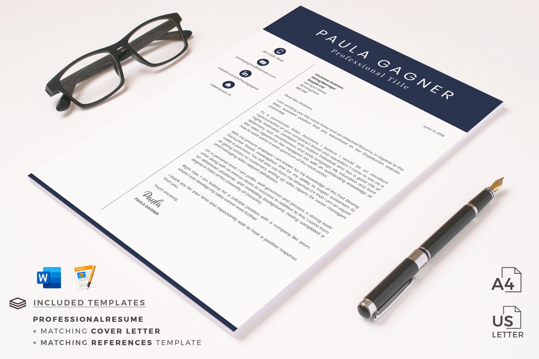 Professional resume template with a pen and glasses.