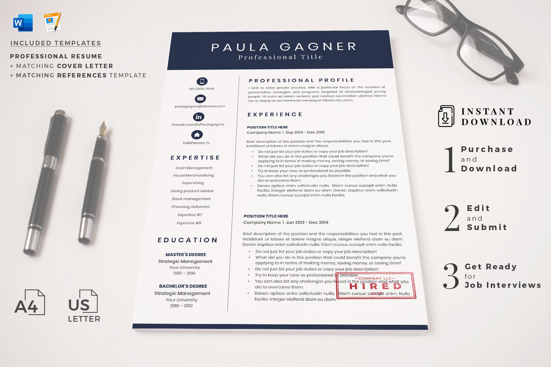 Blue and white resume with a pen and glasses.