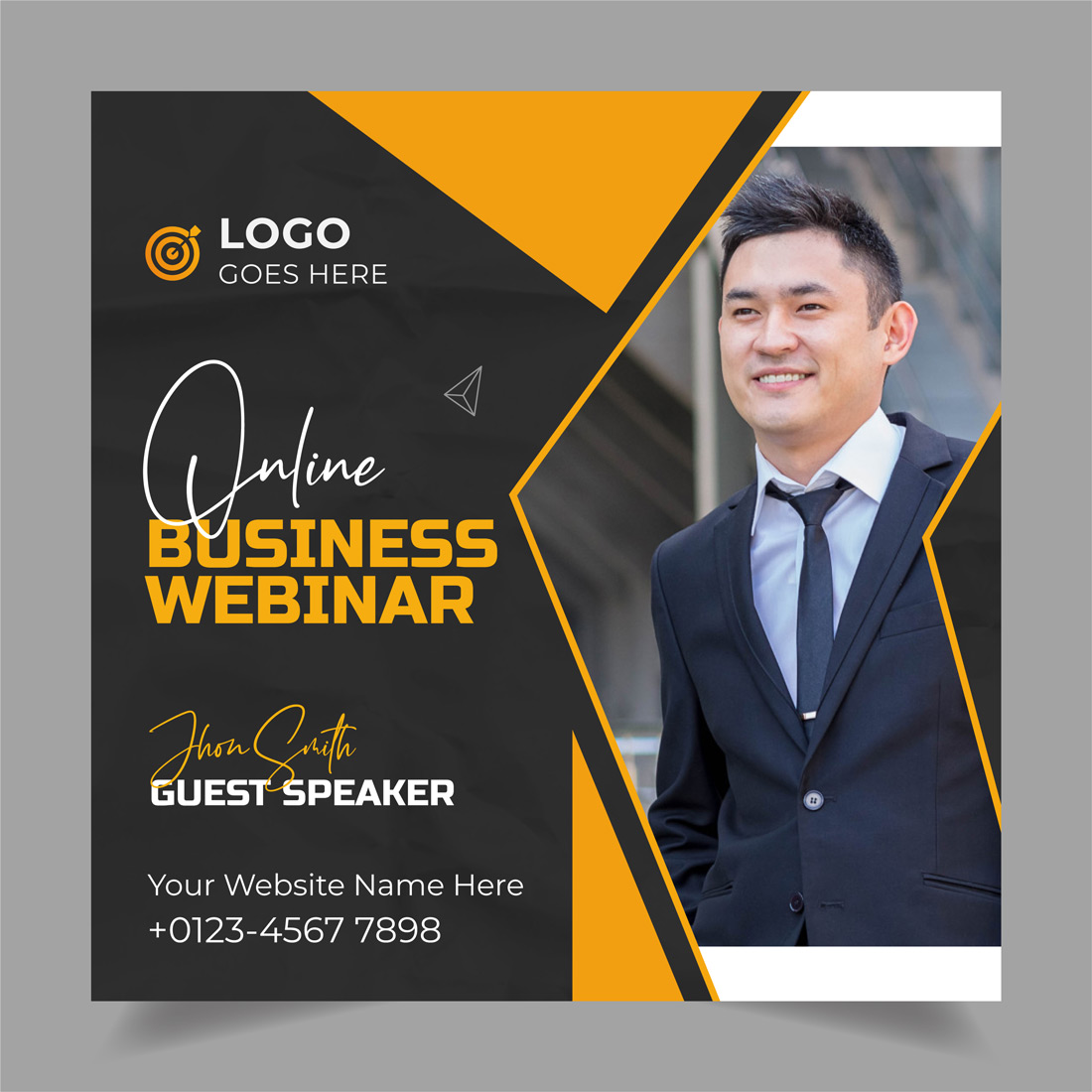 Black and yellow business card with a man in a suit.