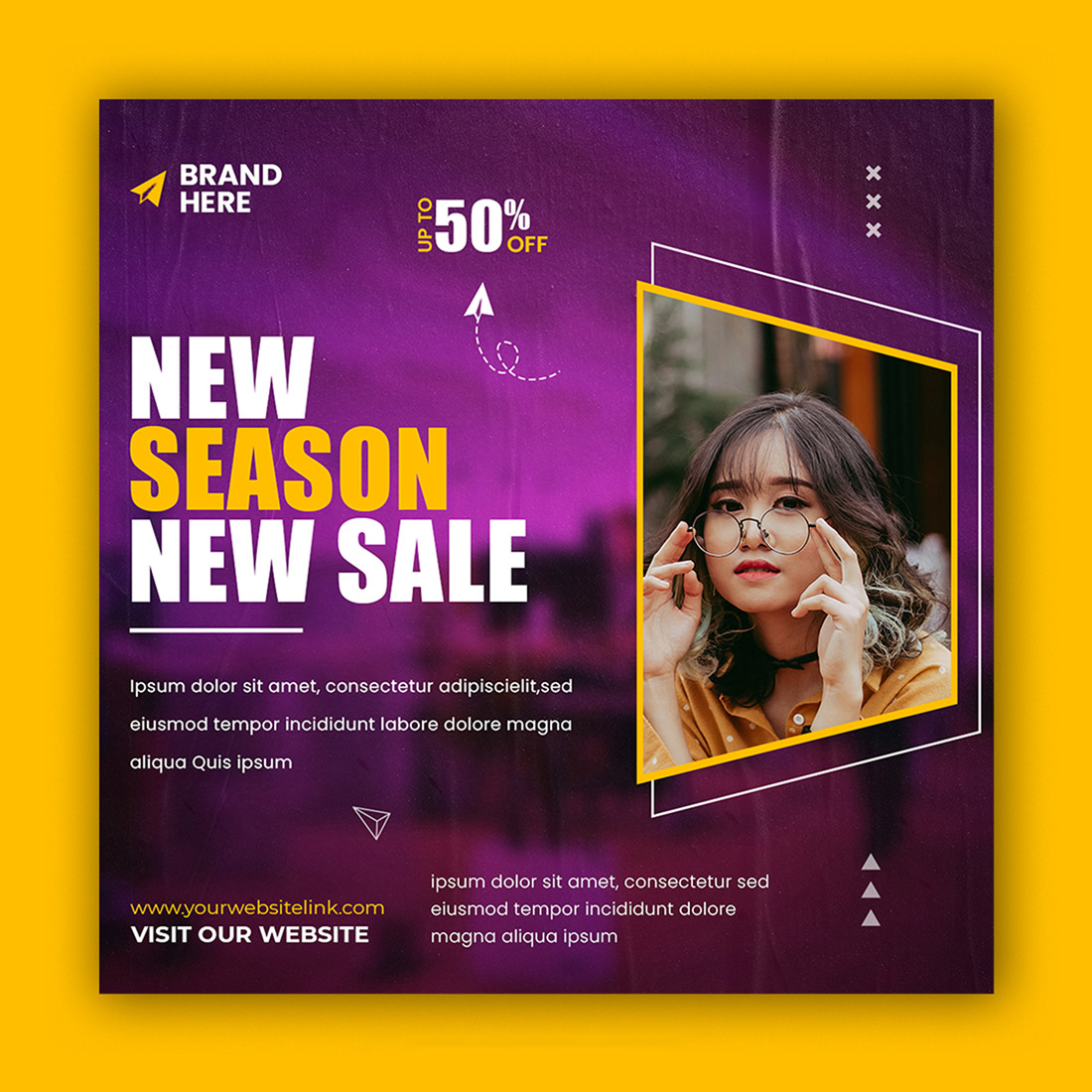 Purple and yellow flyer for a new season sale.