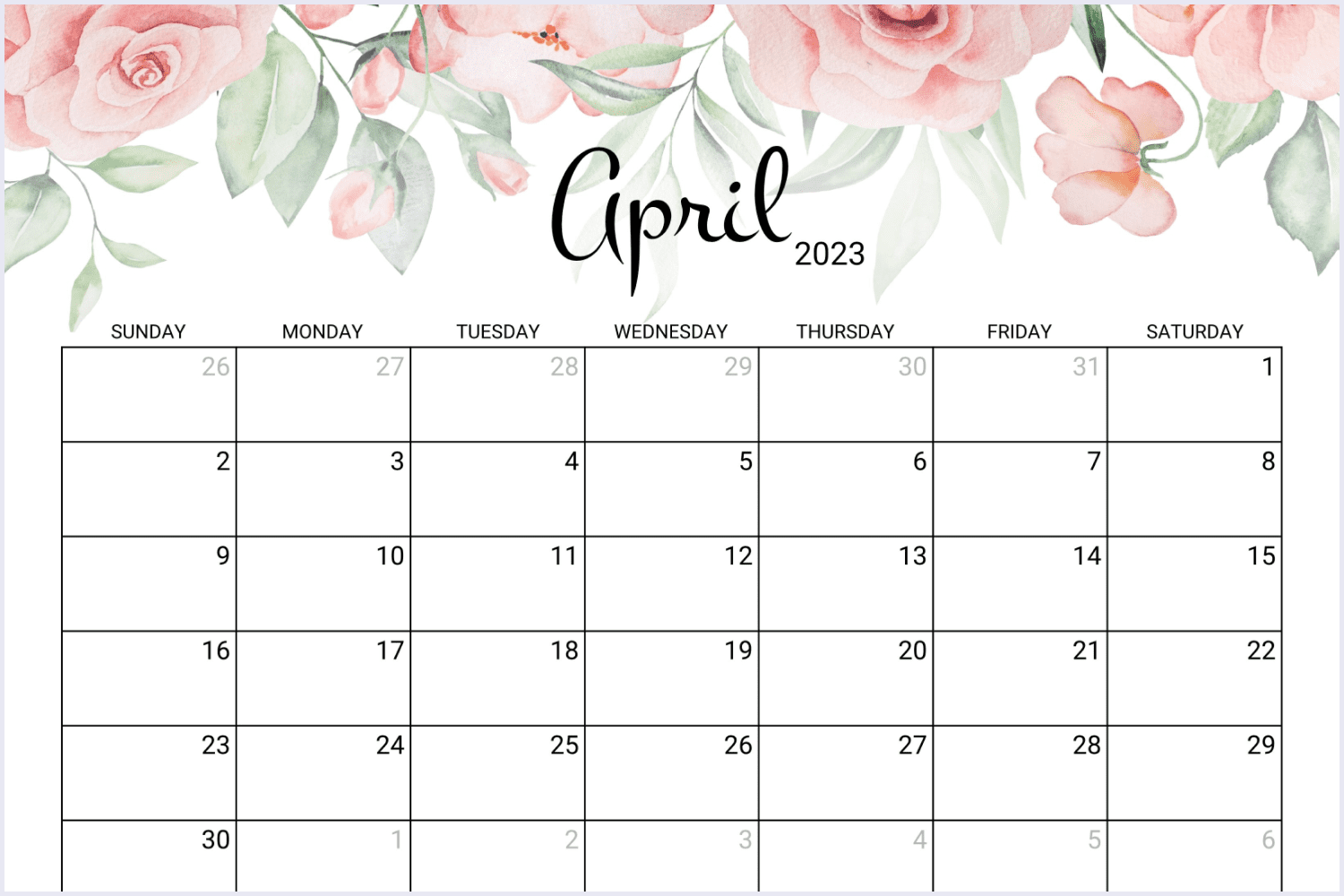 Calendar for April 2023 with beautiful roses.