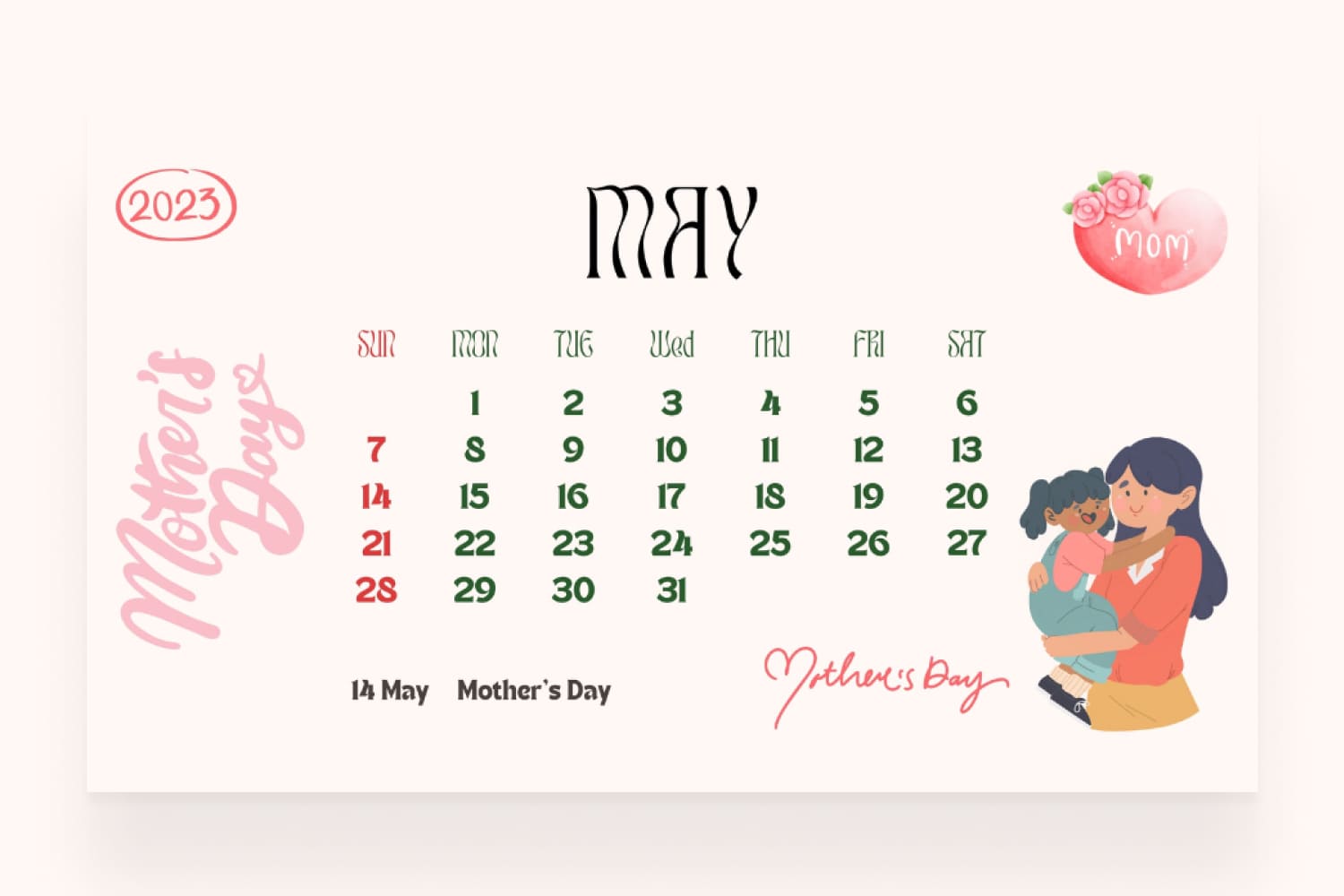 May calendar with a cream background and a picture of mother and daughter in their arms.