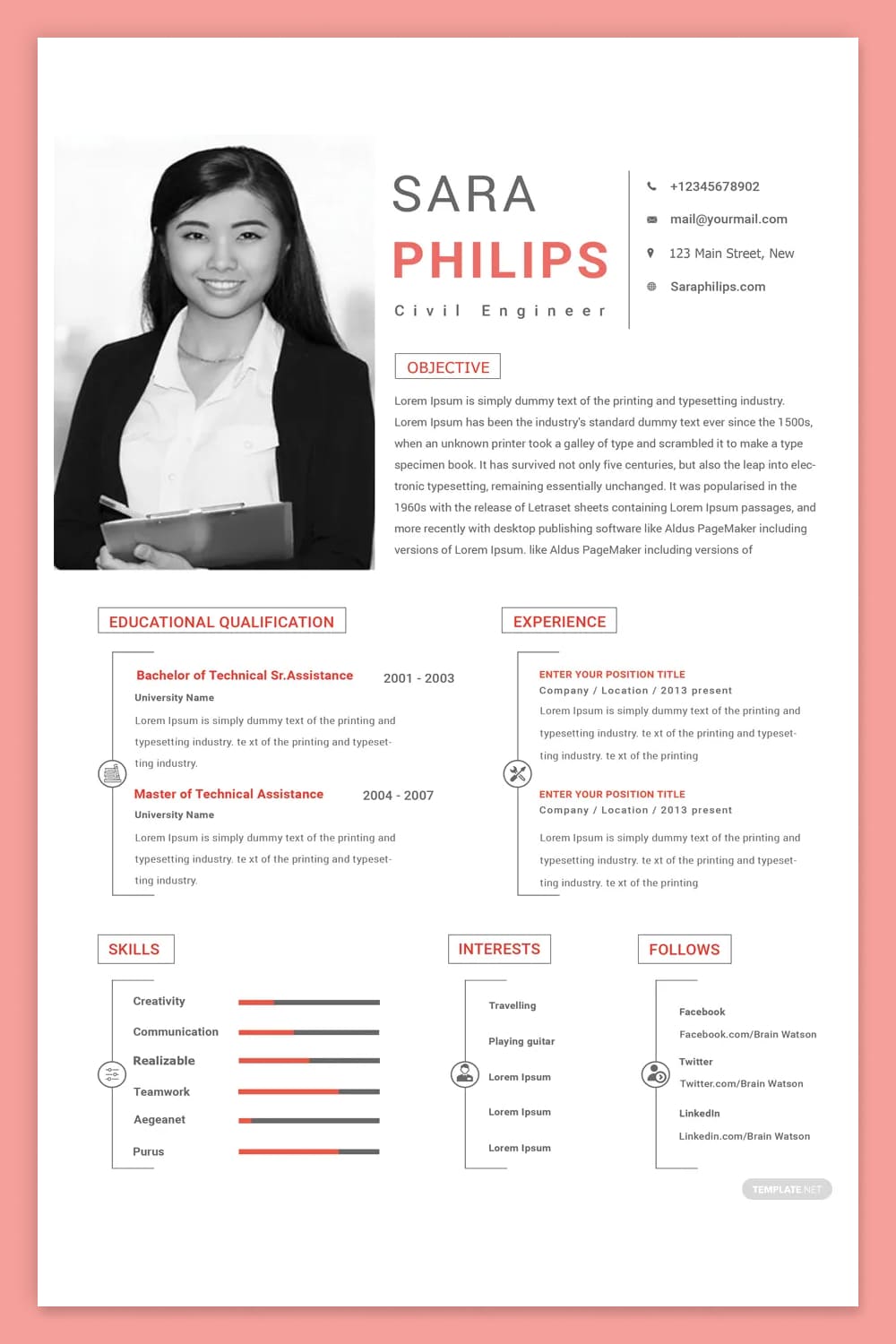 Resume with large photo and red and pink text.