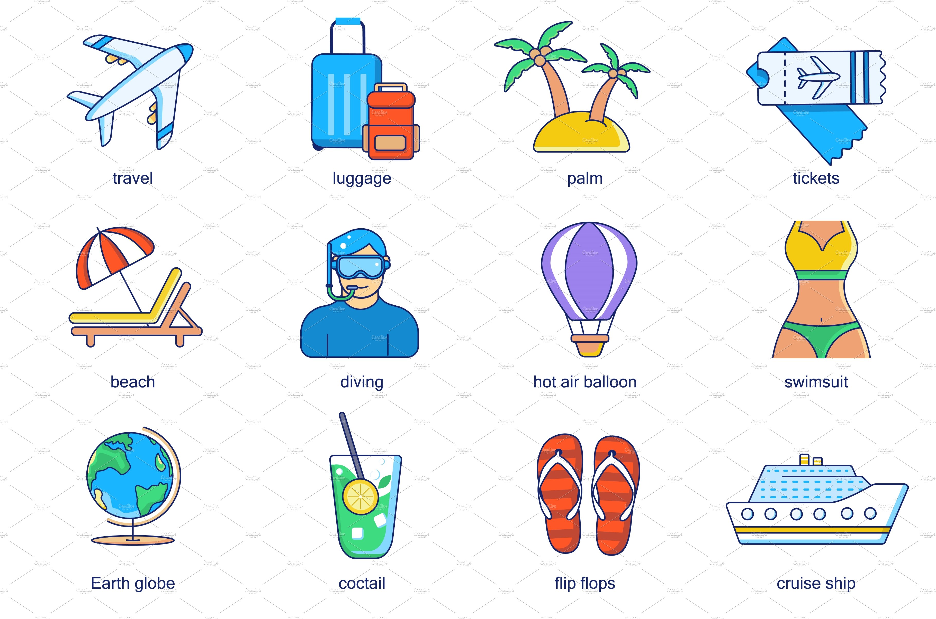 Travel vacation concept line icons cover image.
