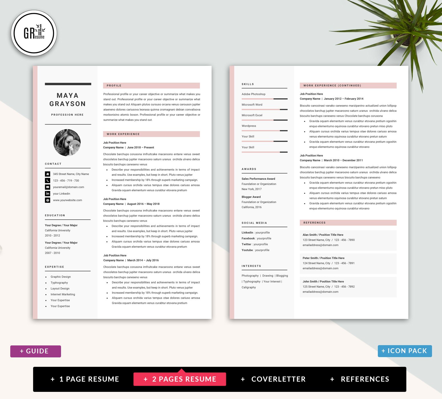 Professional resume template with a pink color scheme.