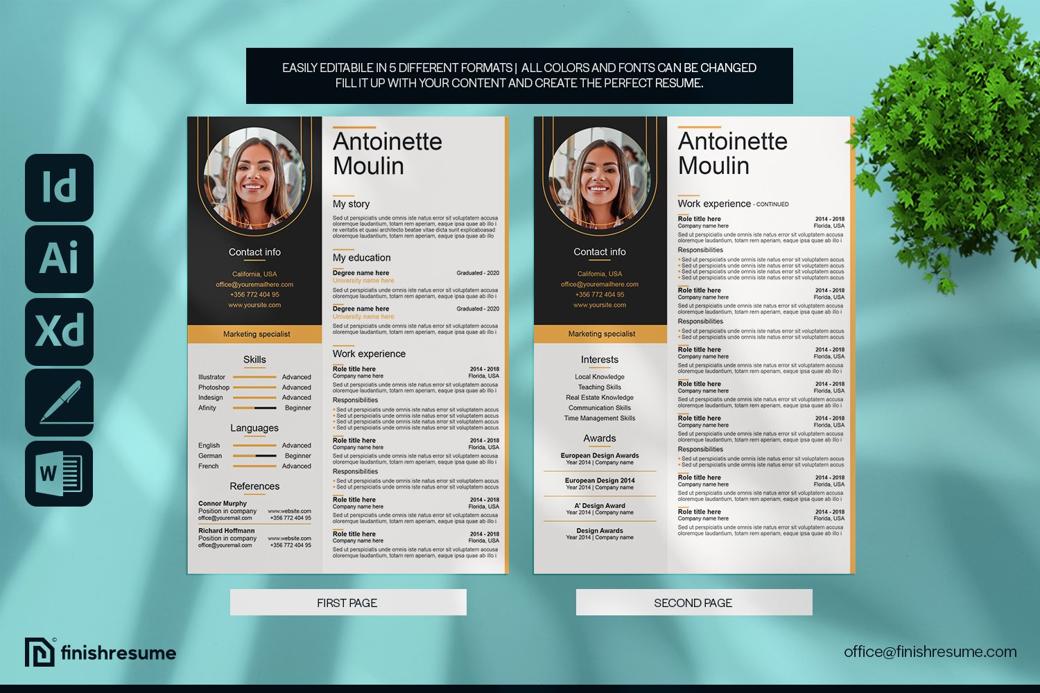 Marketing specialist resume template preview image.