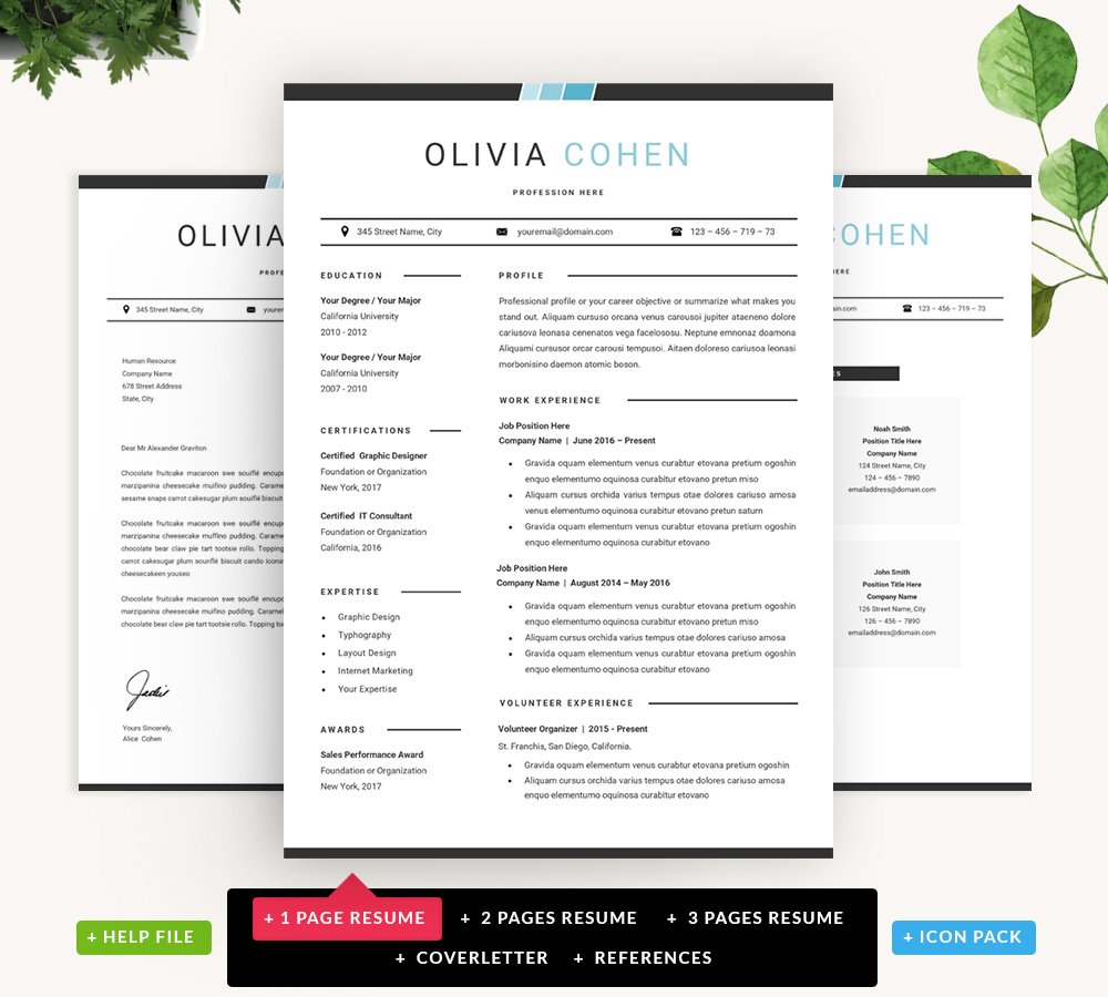 Professional resume template with a green plant in the background.