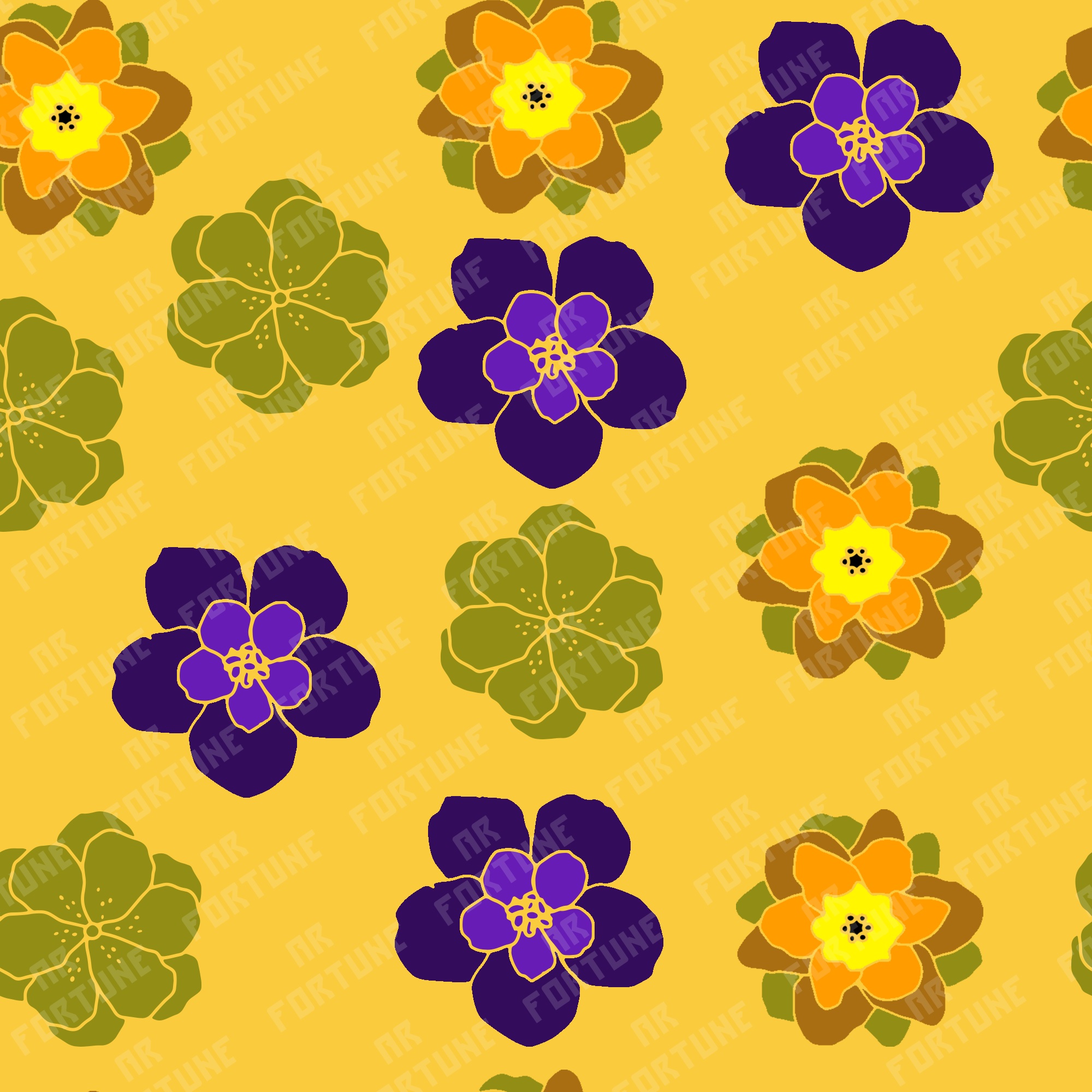 Yellow background with purple and yellow flowers.