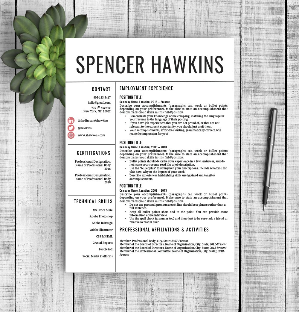 Professional resume with a green plant on top of it.