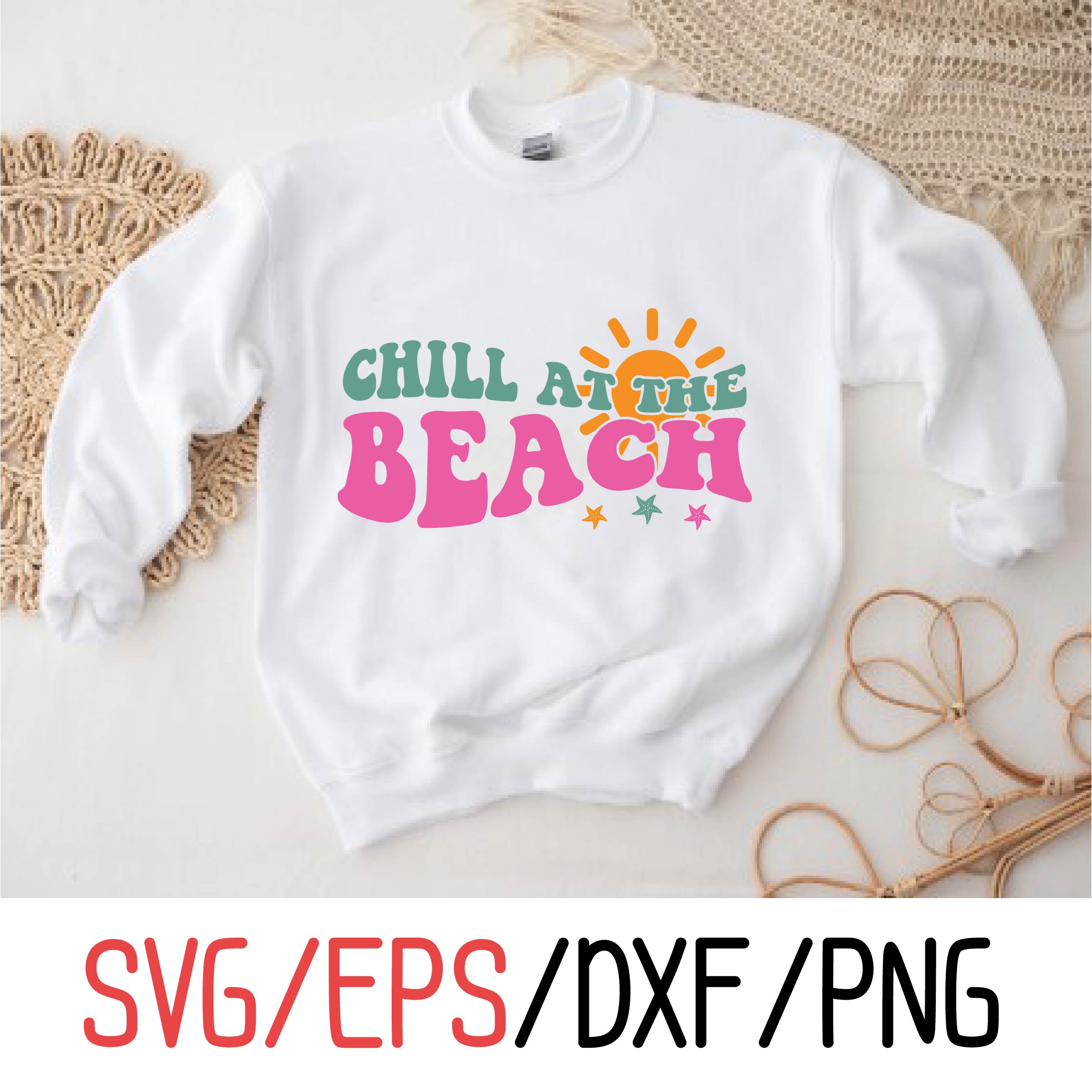 White sweatshirt with the words chill a nice beach on it.
